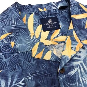Caribbean Joe Mens XXL Hawaiian Blue Yellow Tropical Silk Camp Shirt 100% Silk